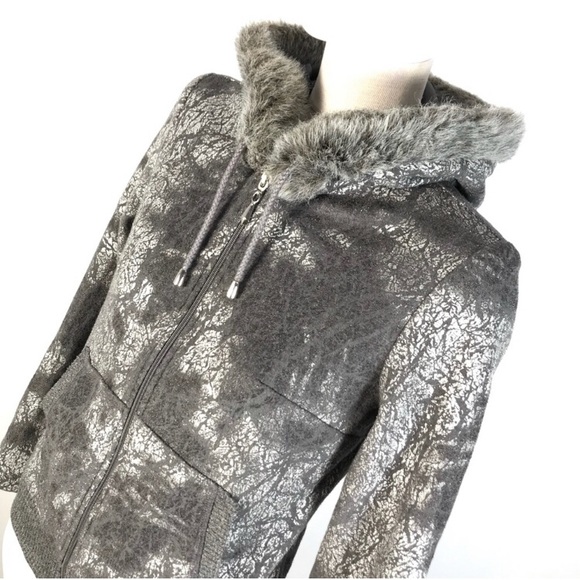 Joseph Ribkoff Grey/silver zipper Jacket with Faux Fur around hood size 4 - Picture 3 of 8